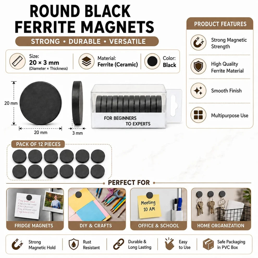 20 × 3 mm Round Black Ferrite Magnets – Pack of 12