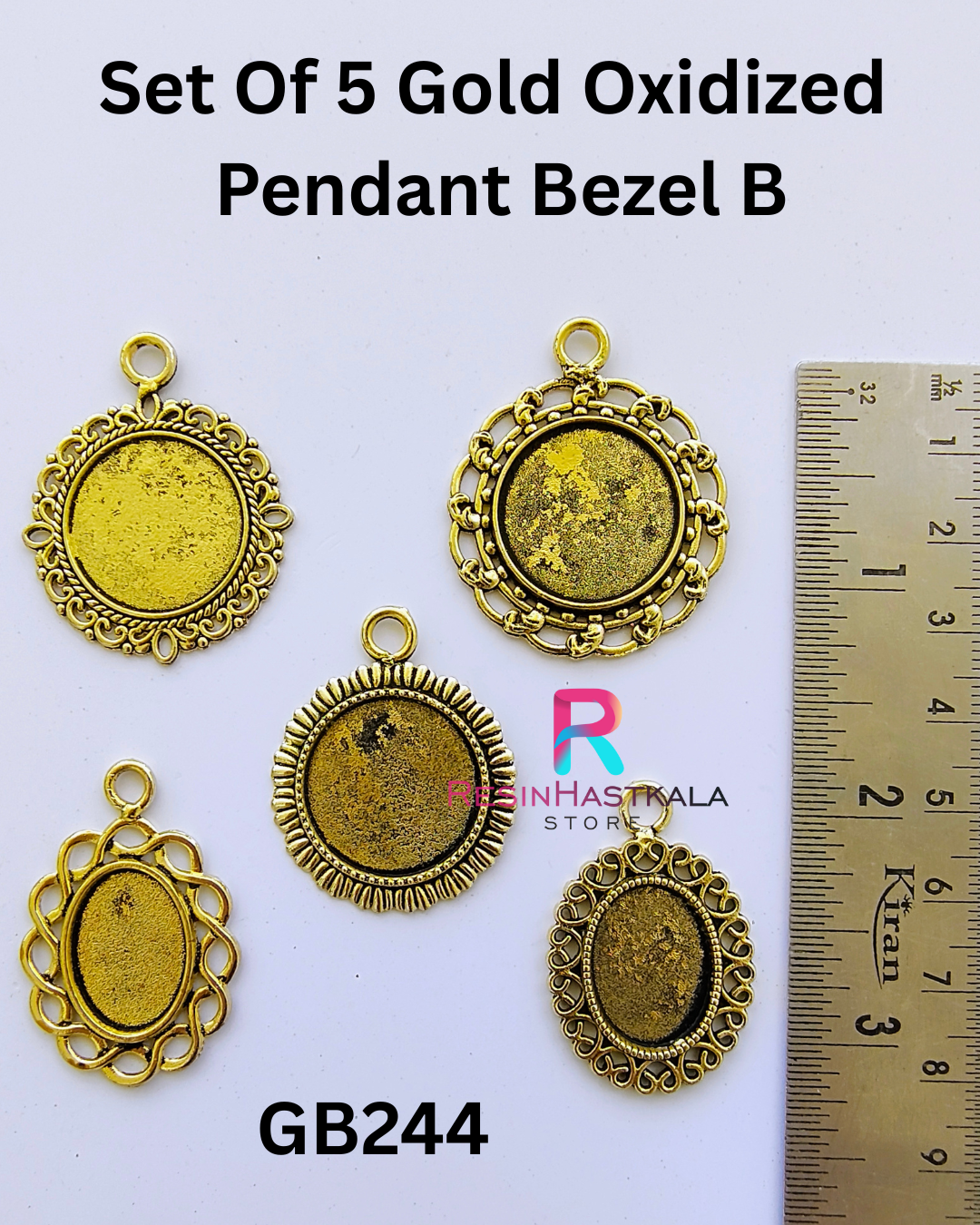 Set Of 5 Gold Oxidized Pendant Bezel B