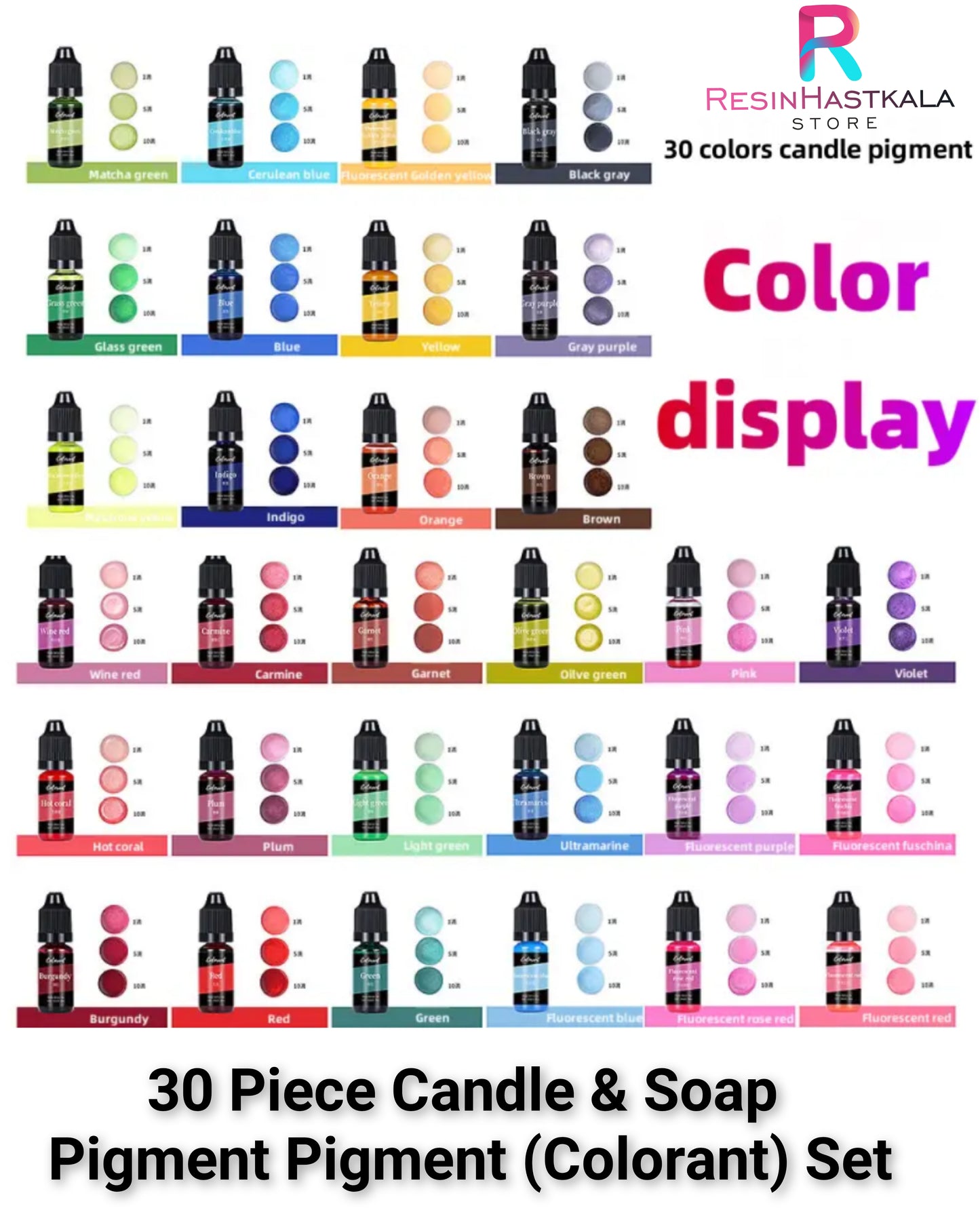 30 Piece Candle & Soap Pigment (Colorant) Set (10 Ml Each Bottle)