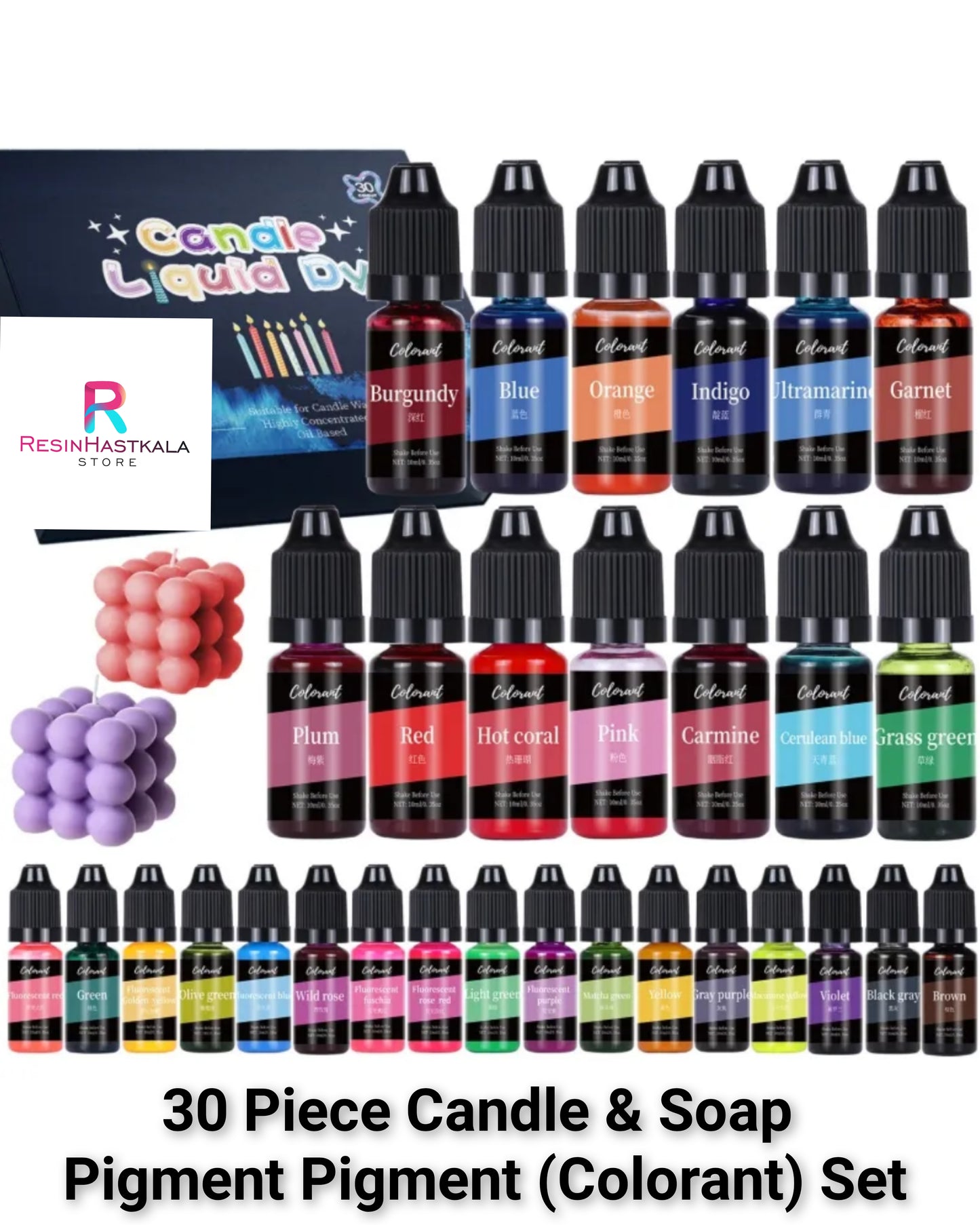 30 Piece Candle & Soap Pigment (Colorant) Set (10 Ml Each Bottle)