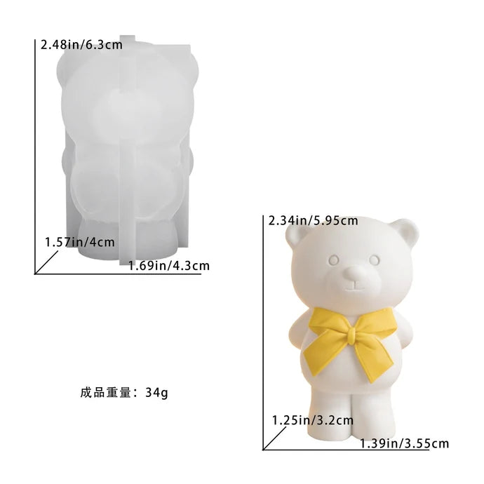 3D Cute Teddy Bear with Bow Mould for Candle Making, Resin & Concrete Art