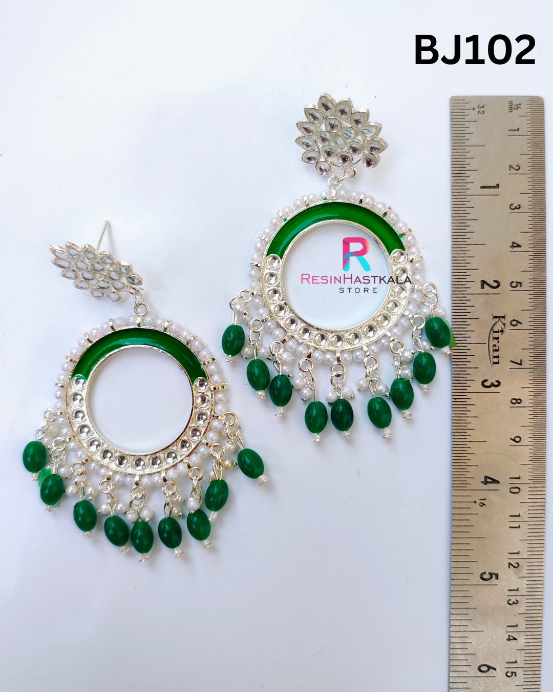 Silver Round Mirror Earring Jumkha With Green Beads (BJ102)