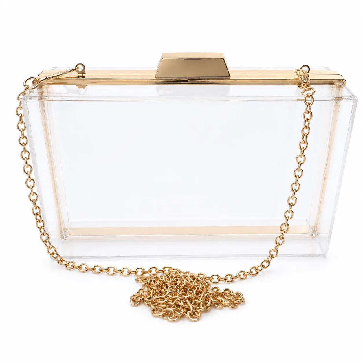 Clear Acrylic Box Clutch with Gold Metal Frame & Chain Strap - Rectangle Closure