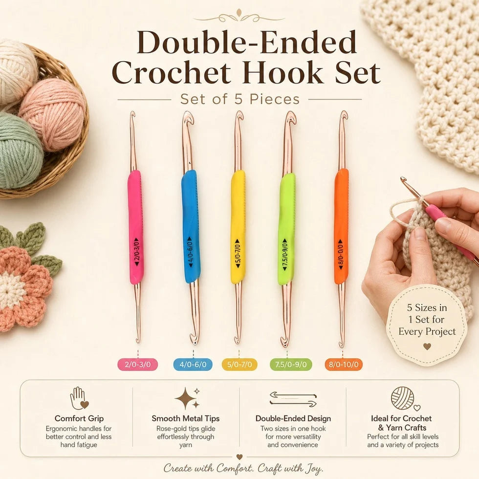 Double-Ended Crochet Hook Set with Ergonomic Grip Handle – Set of 5 Pieces