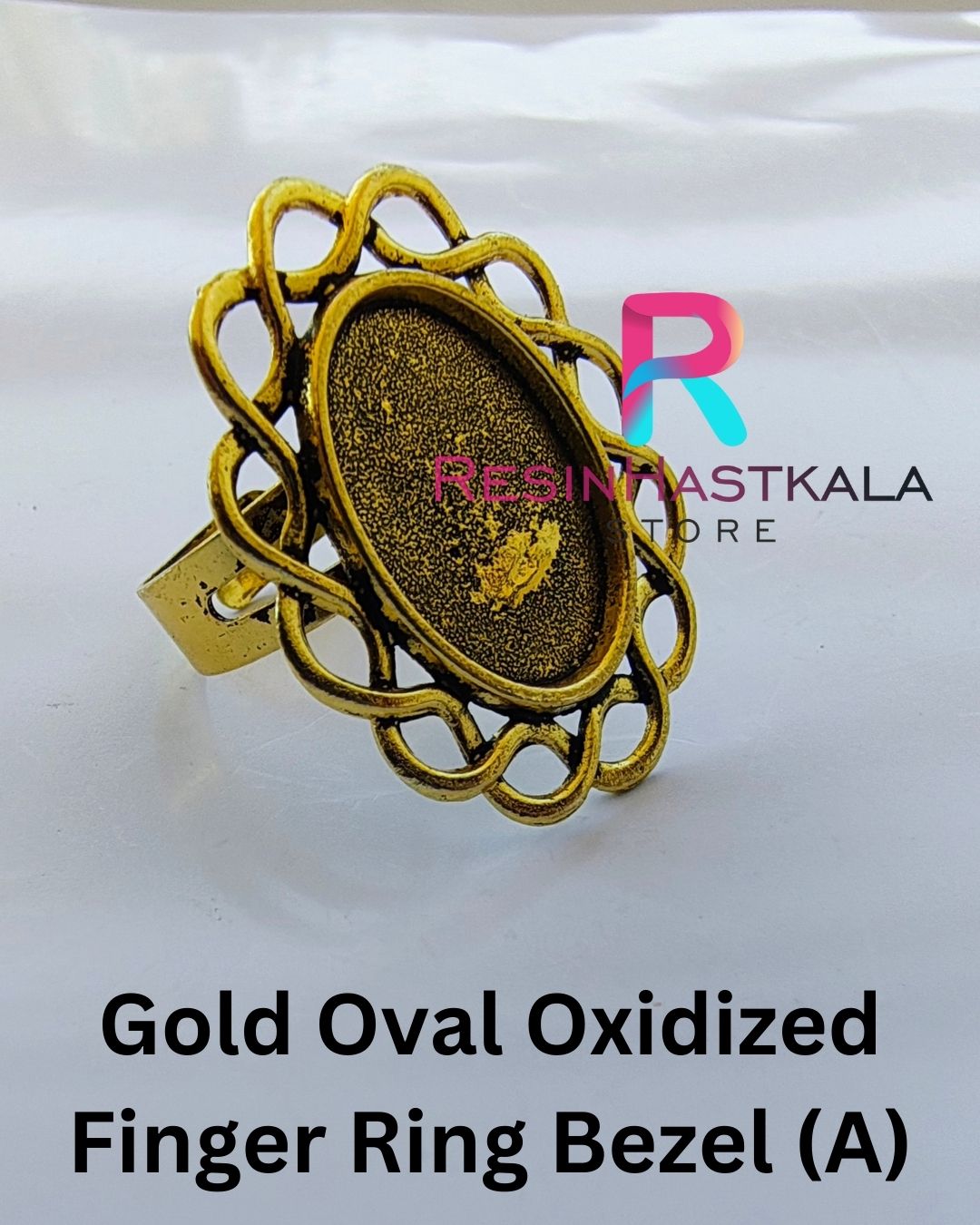 Gold Oval Oxidized Finger Ring Bezel (A)