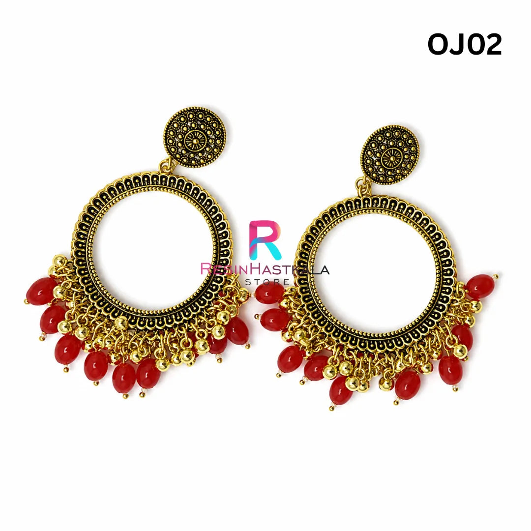 Gold Round Earring Bezel / Jhumka with Beads (OJ02)