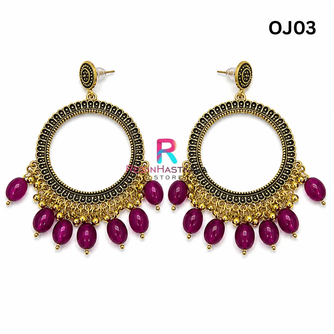 Gold Round Earring Bezel / Jhumka with Beads (OJ03)