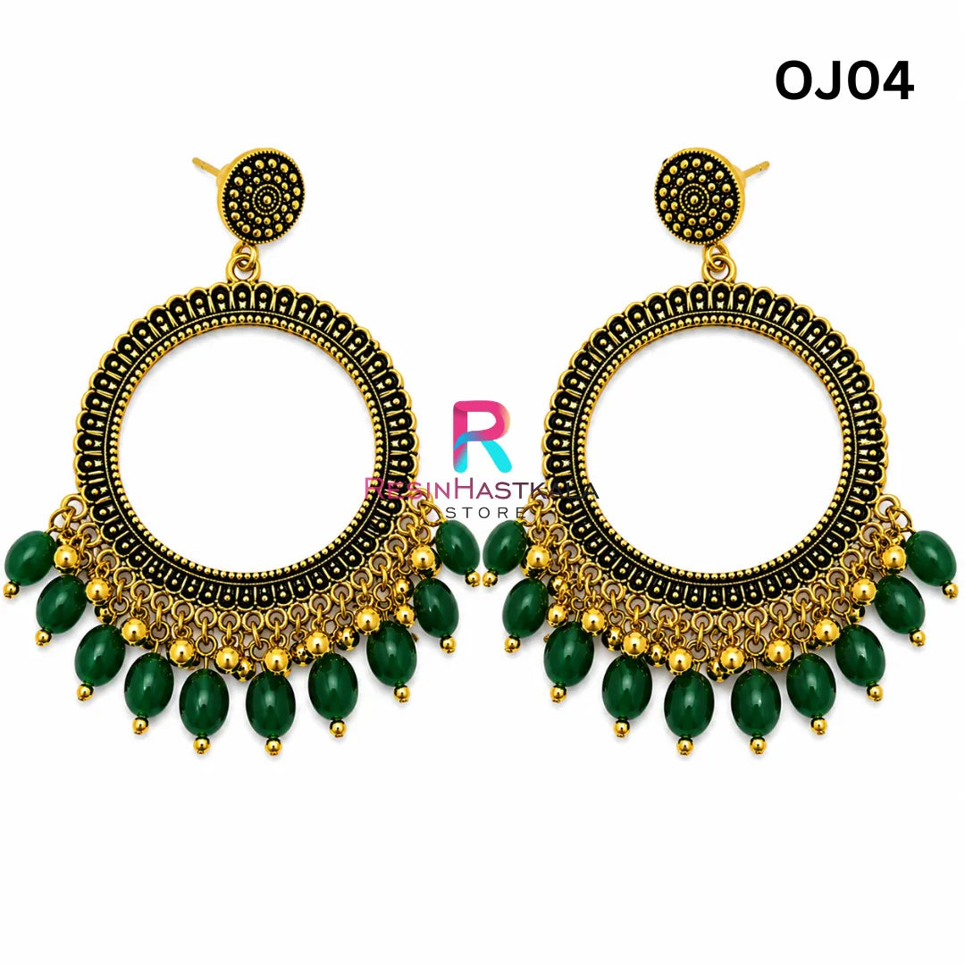 Gold Round Earring Bezel / Jhumka with Beads (OJ04)