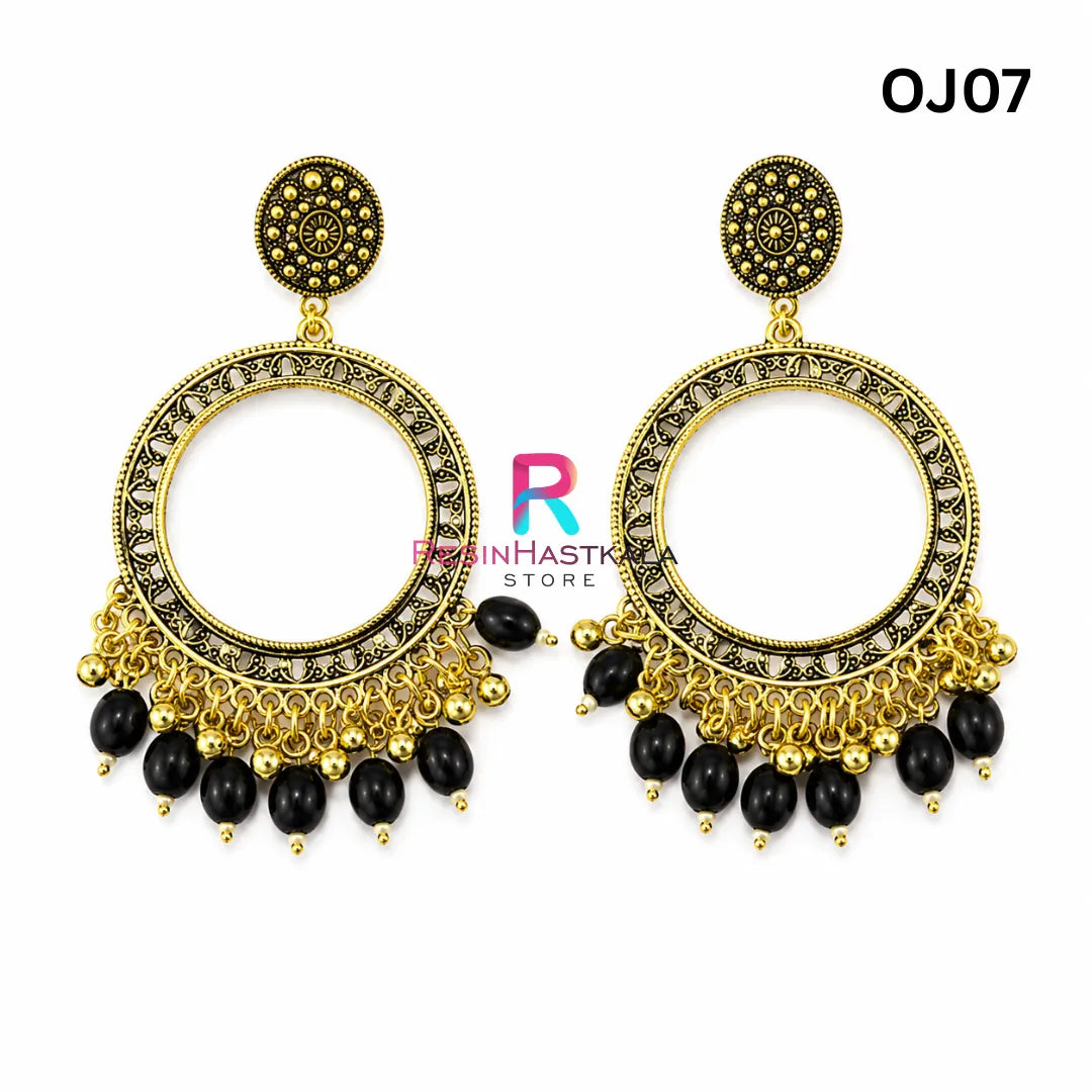 Gold Round Earring Bezel / Jhumka with Beads (OJ07)