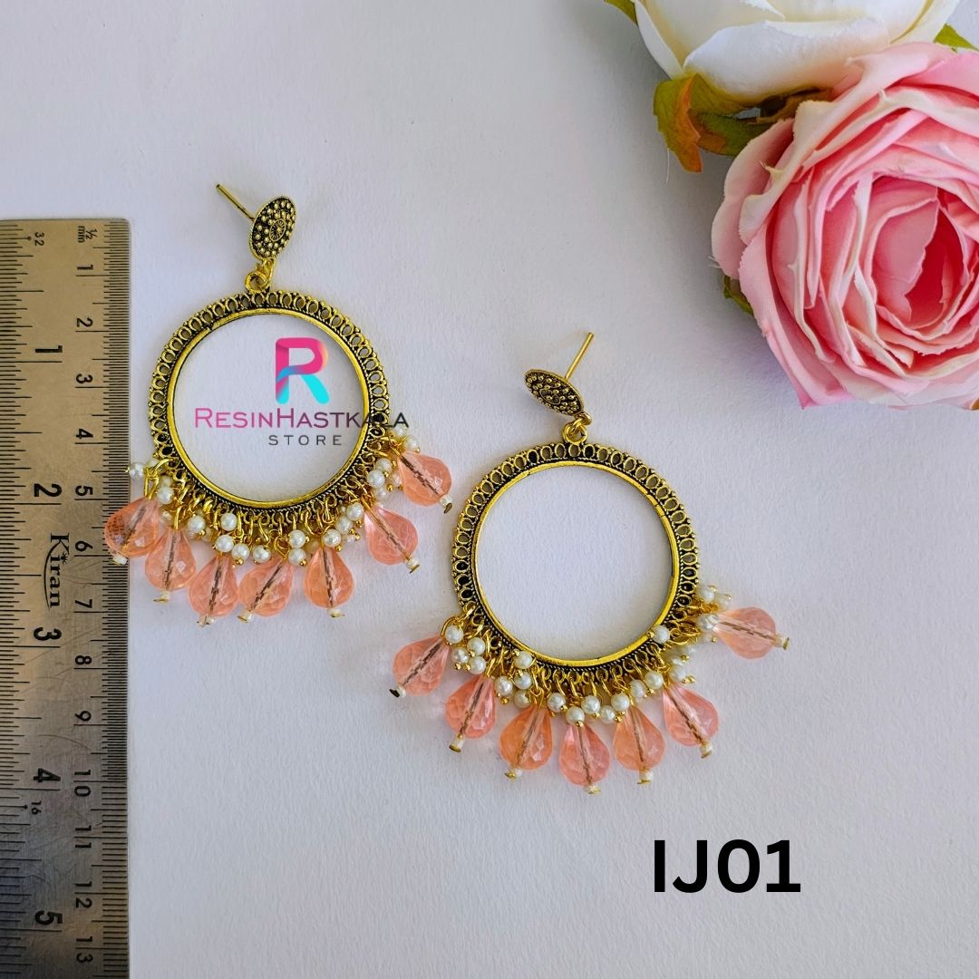 Gold Round Earring Bezel/Jumkha With Beads (IJ01)