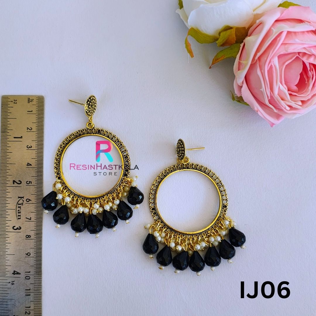 Gold Round Earring BezelJumkha With Beads (IJ06)