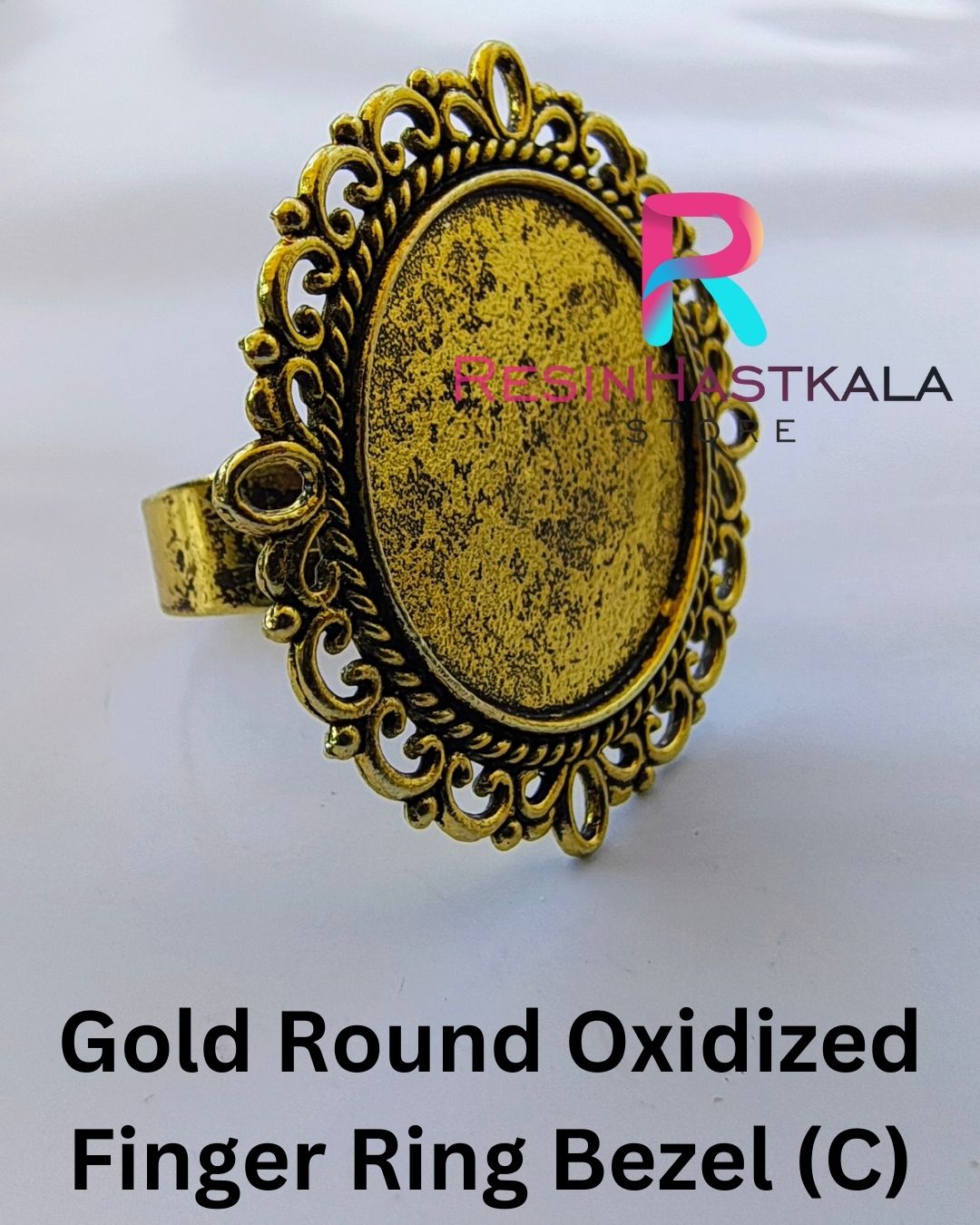 Gold Round Oxidized Finger Ring Bezel (C)