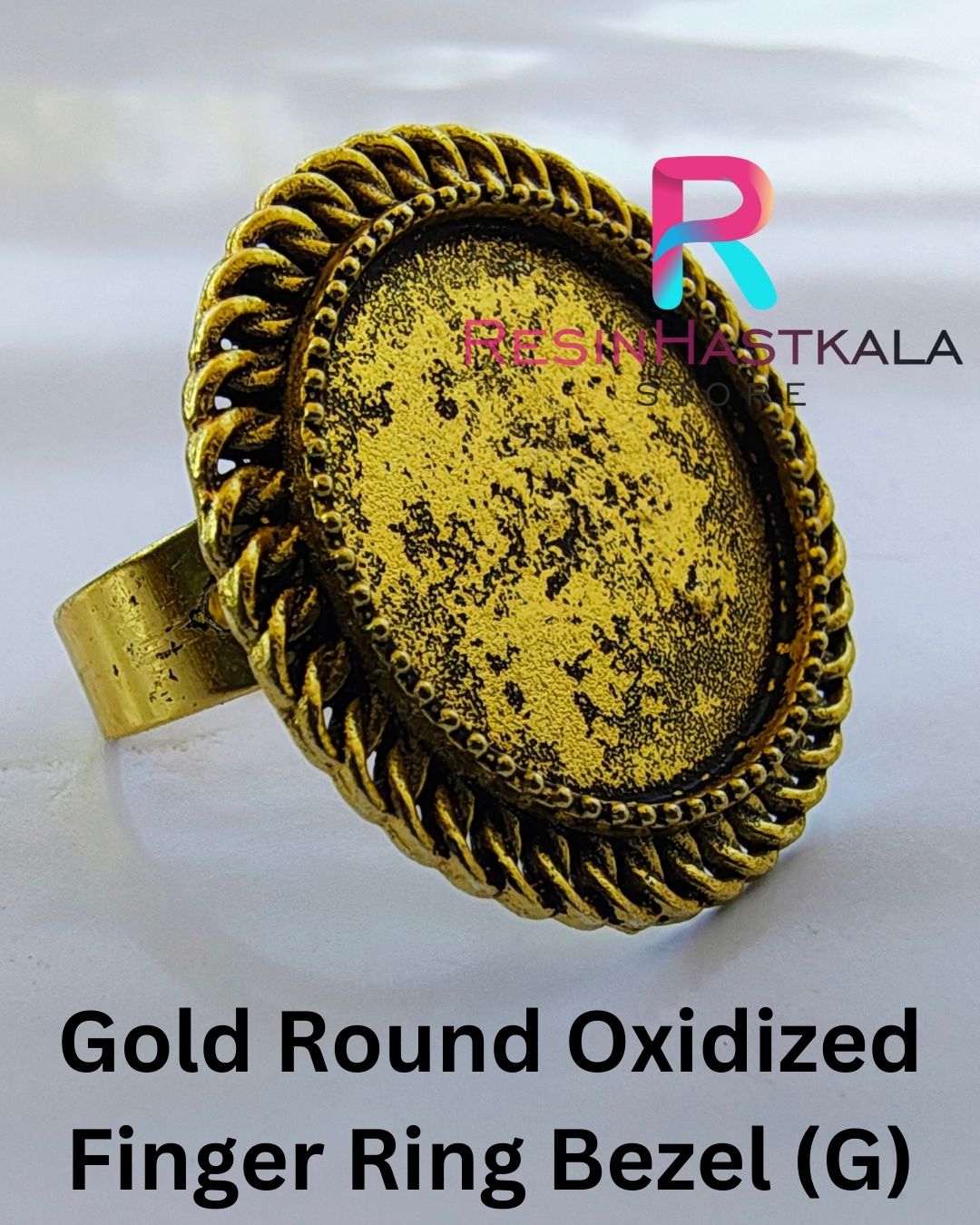 Gold Round Oxidized Finger Ring Bezel (G)