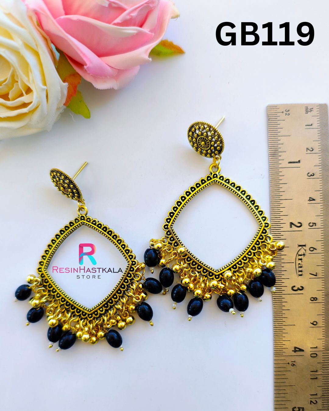 Golden Earring Bezel / Jumkha With Black Beads D (GB119)
