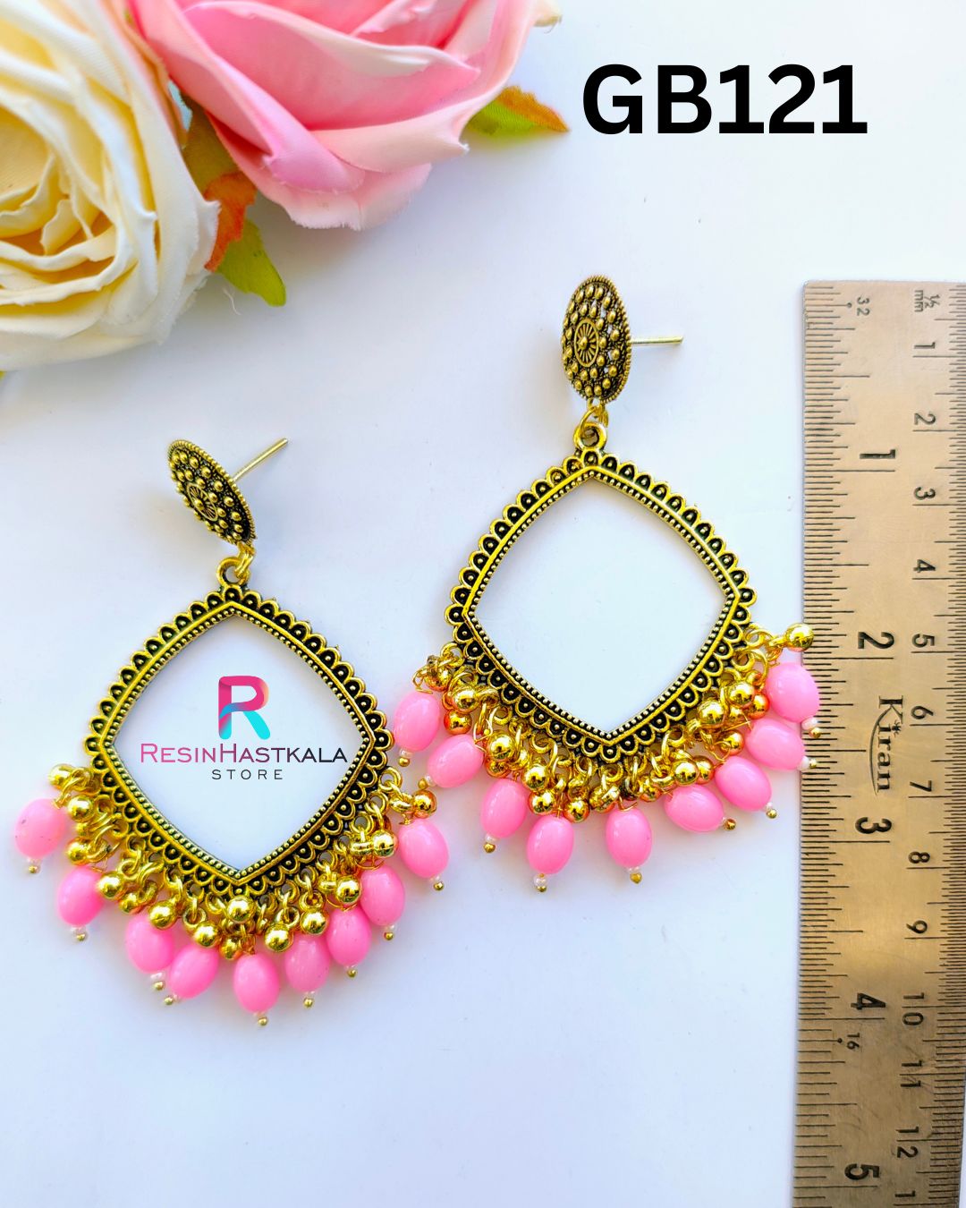 Golden Earring Bezel / Jumkha With Pink Beads D (GB121)