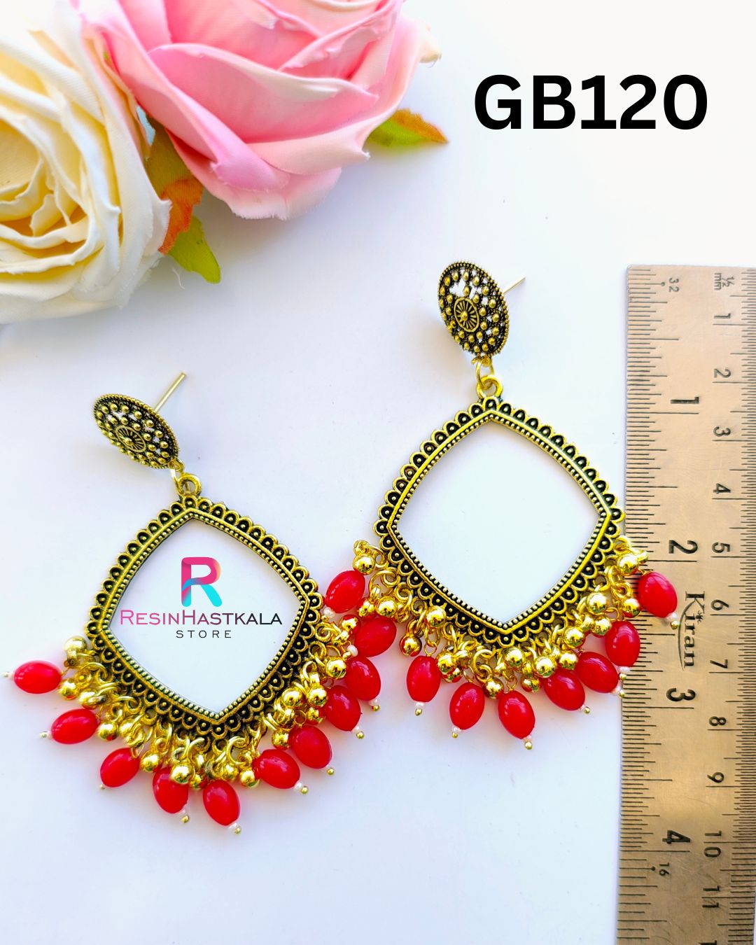 Golden Earring Bezel / Jumkha With Red Beads D (GB120)