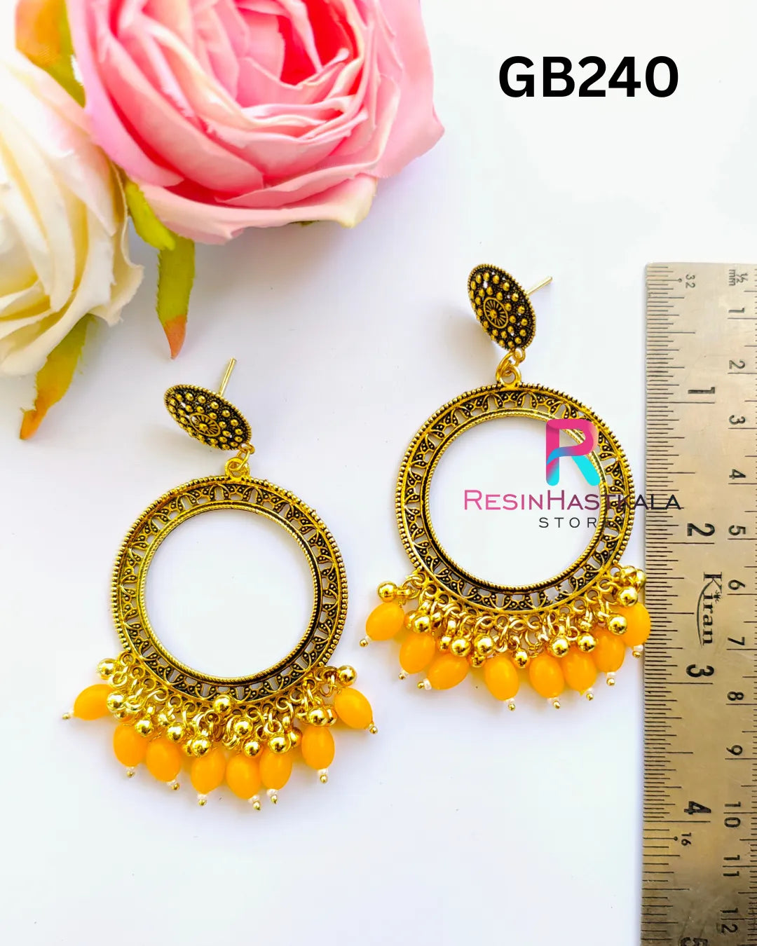 Golden Round Earring Bezel / Jumkha With Beads (GB240)
