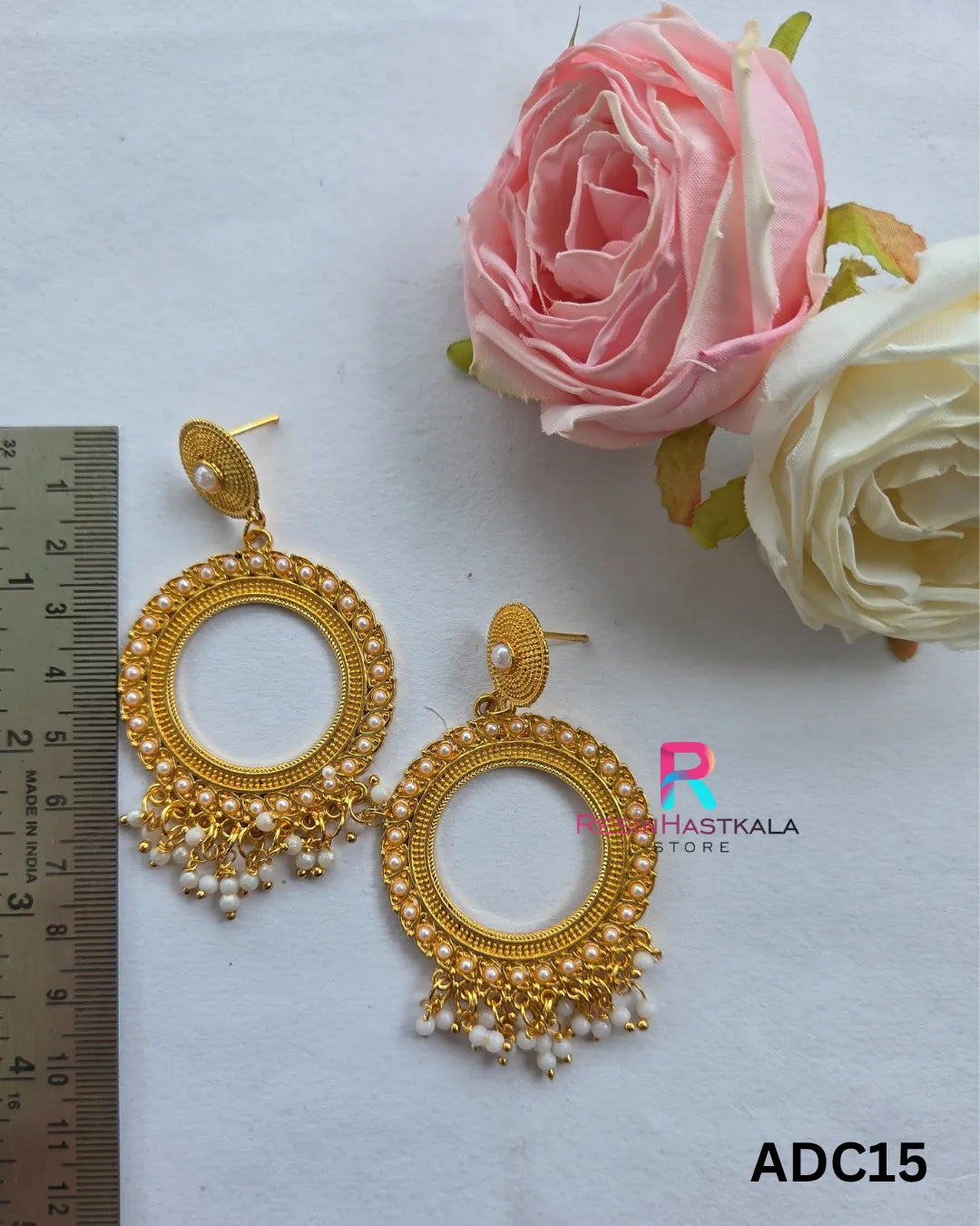 Golden Round Earring Jumkha With White Beads (ADC15)