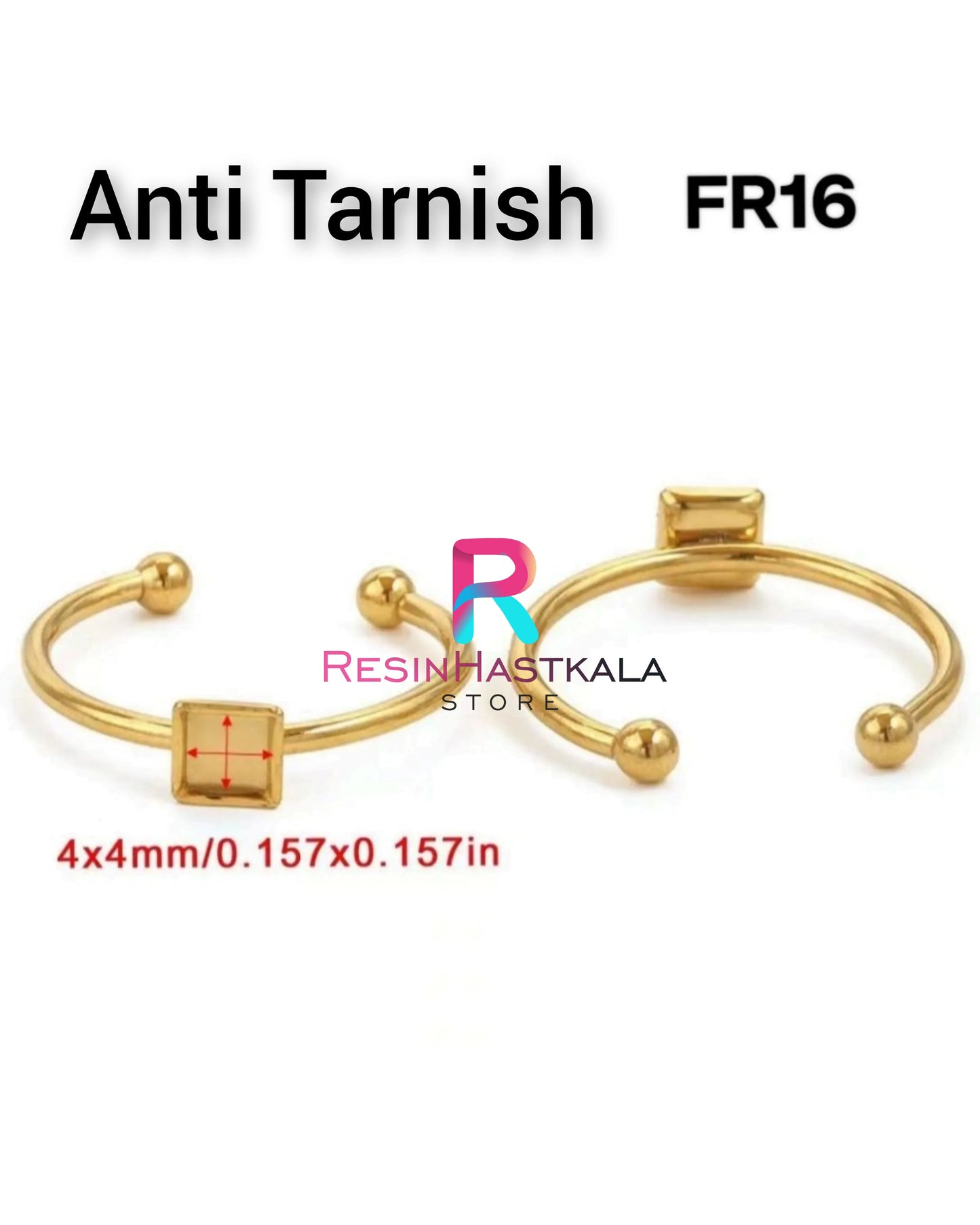 Golden Square Finger Ring Bezel (4*4 MM) (Anti Tarnish)