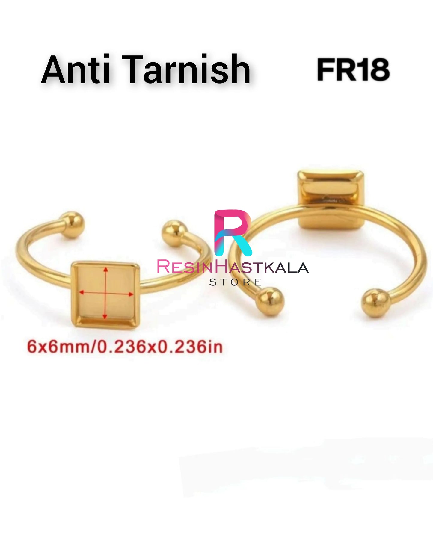 Golden Square Finger Ring Bezel (6*6 MM) (Anti Tarnish)