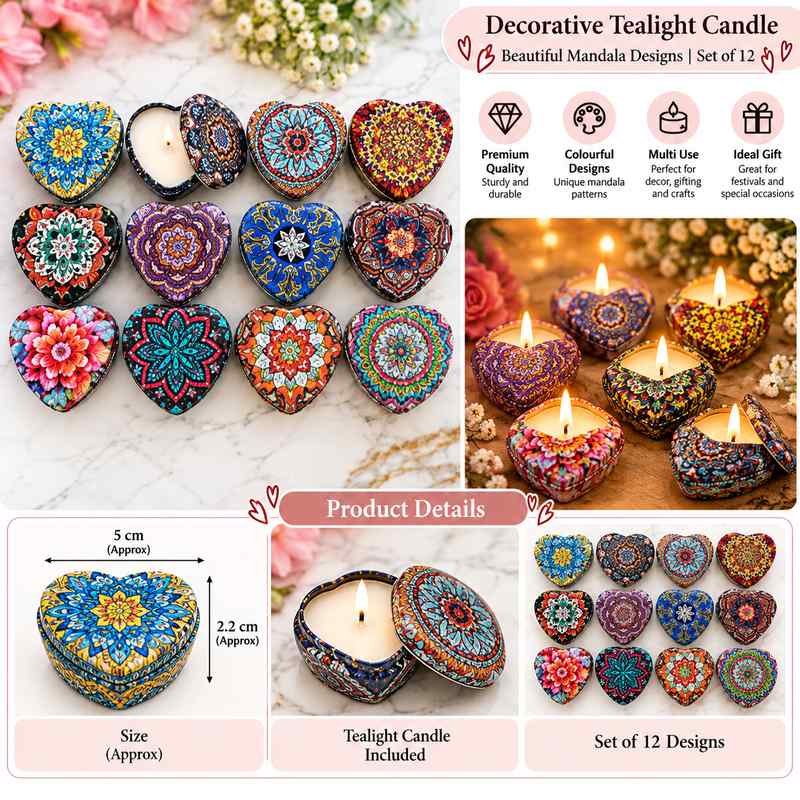 Empty Heart Mandala Art Tin Jar – 1 Piece (Random Colour Only) Size - 7*7*3.5 Cm