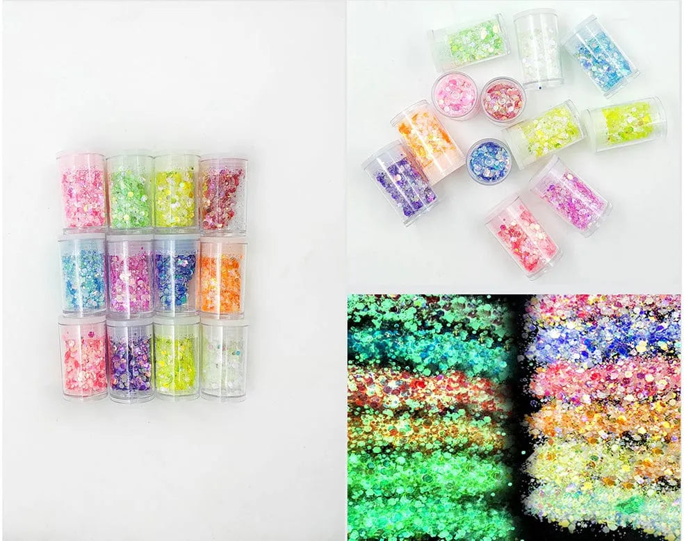Set of 12 Glow in the Dark Glitter Chunks (Night Glow Effect)
