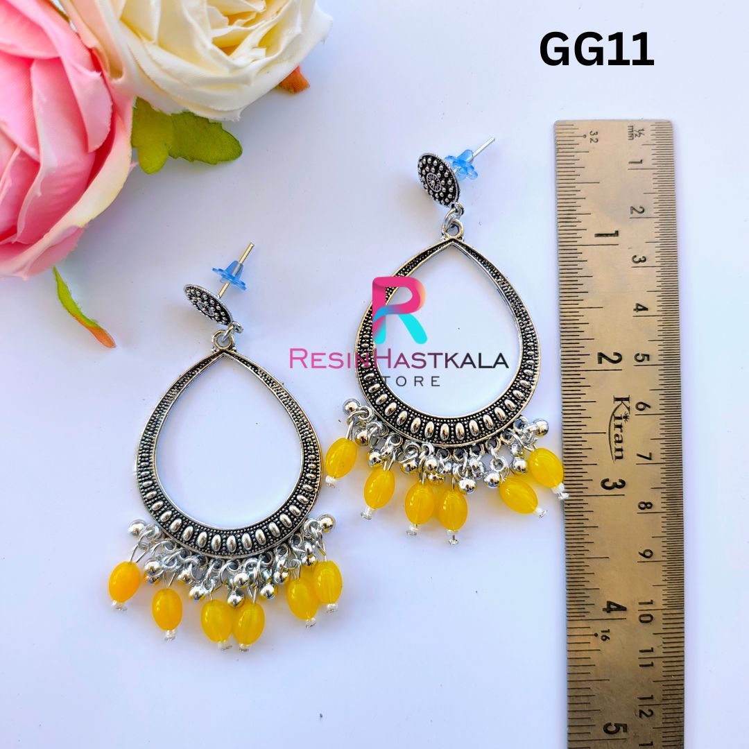 Silver Drop Earring Bezel/Jumkha With Yellow Beads (GG11)