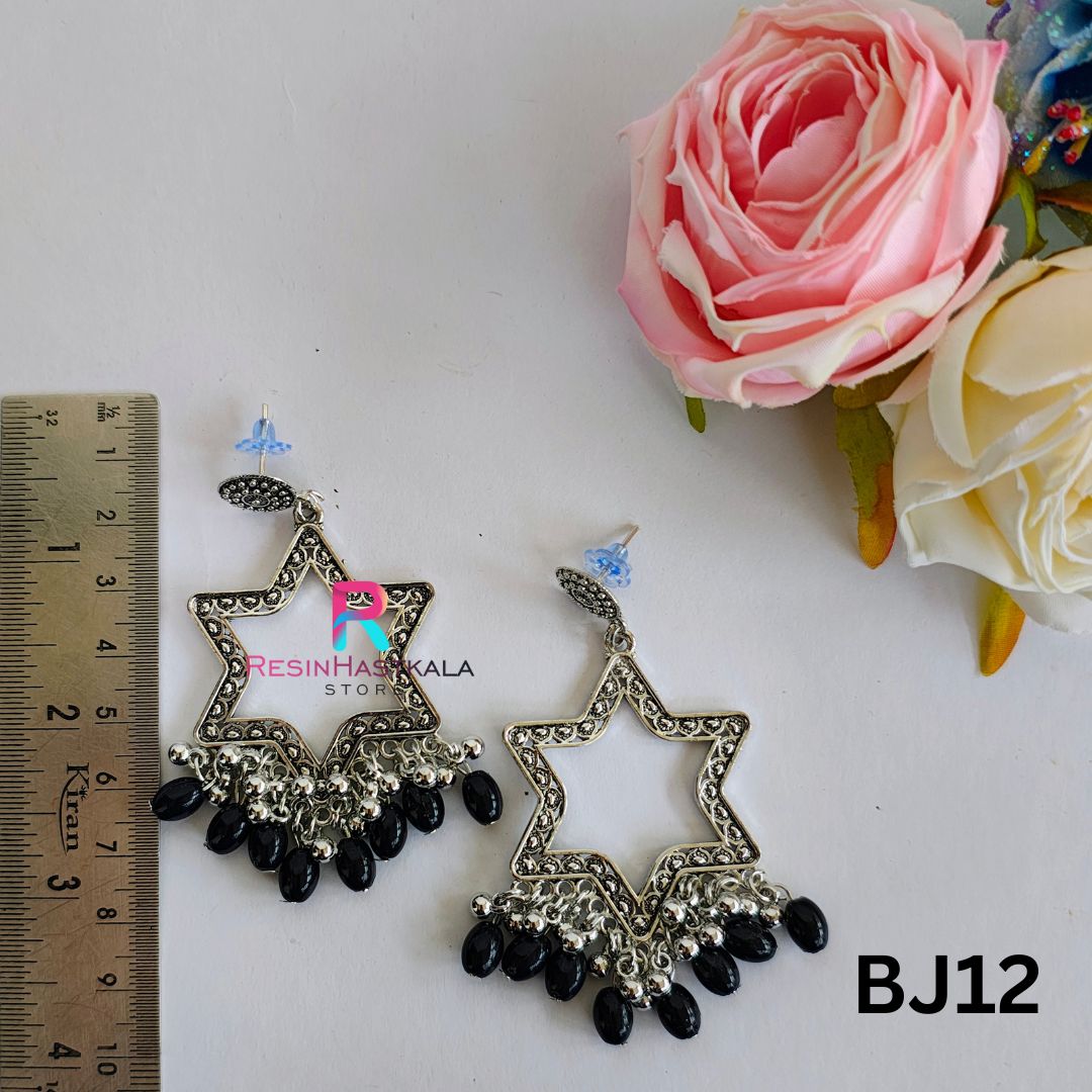 Silver Earring Bezel/Jumkha With Black Beads (BJ12)