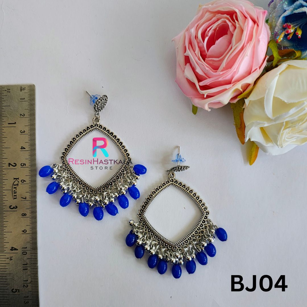 Silver Earring Bezel/Jumkha With Blue Beads (BJ04)