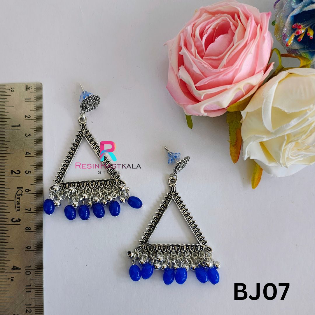 Silver Earring Bezel/Jumkha With Blue Beads (BJ07)