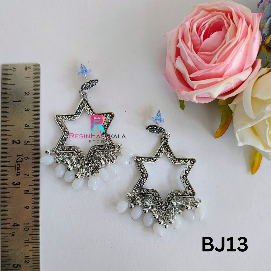 Silver Earring Bezel/Jumkha With White Beads (BJ13)