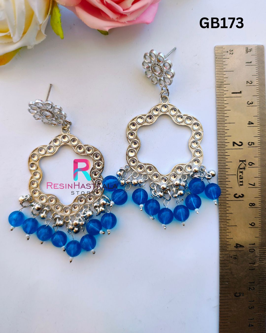 Silver Flower Earring Bezel/Jumkha With Mirror Beads (GB173)