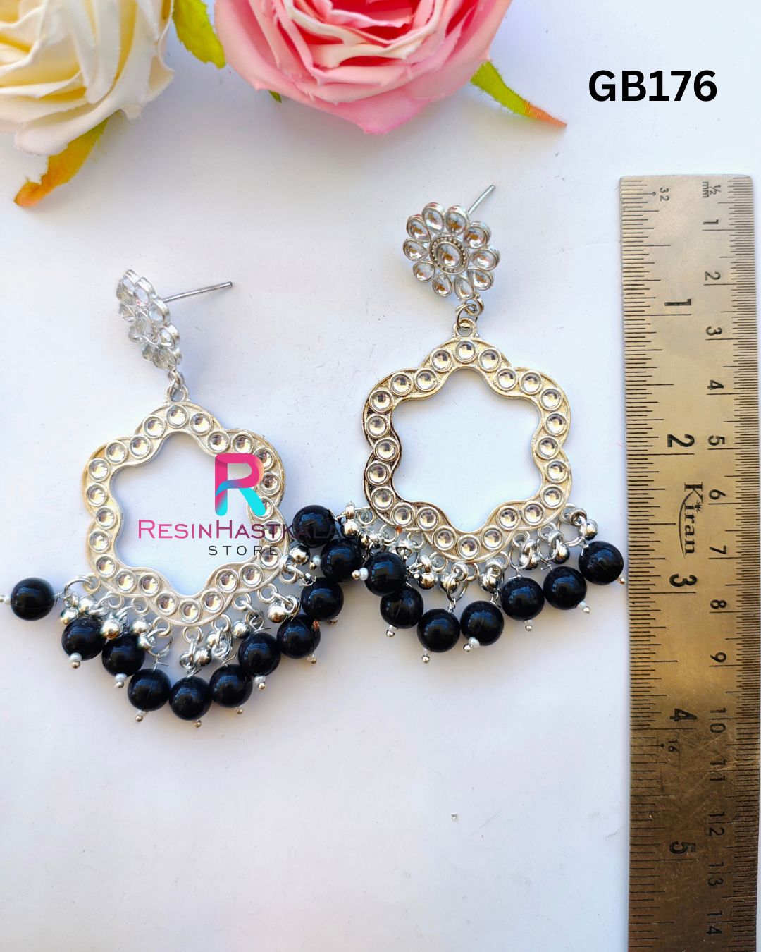 Silver Flower Earring Bezel/Jumkha With Mirror Beads (GB176)