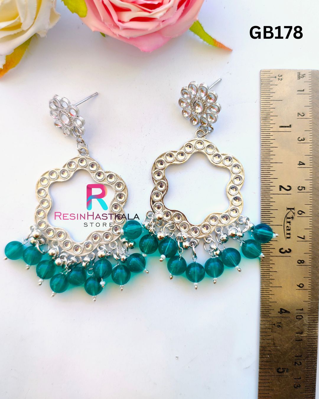 Silver Flower Earring Bezel/Jumkha With Mirror Beads (GB178)