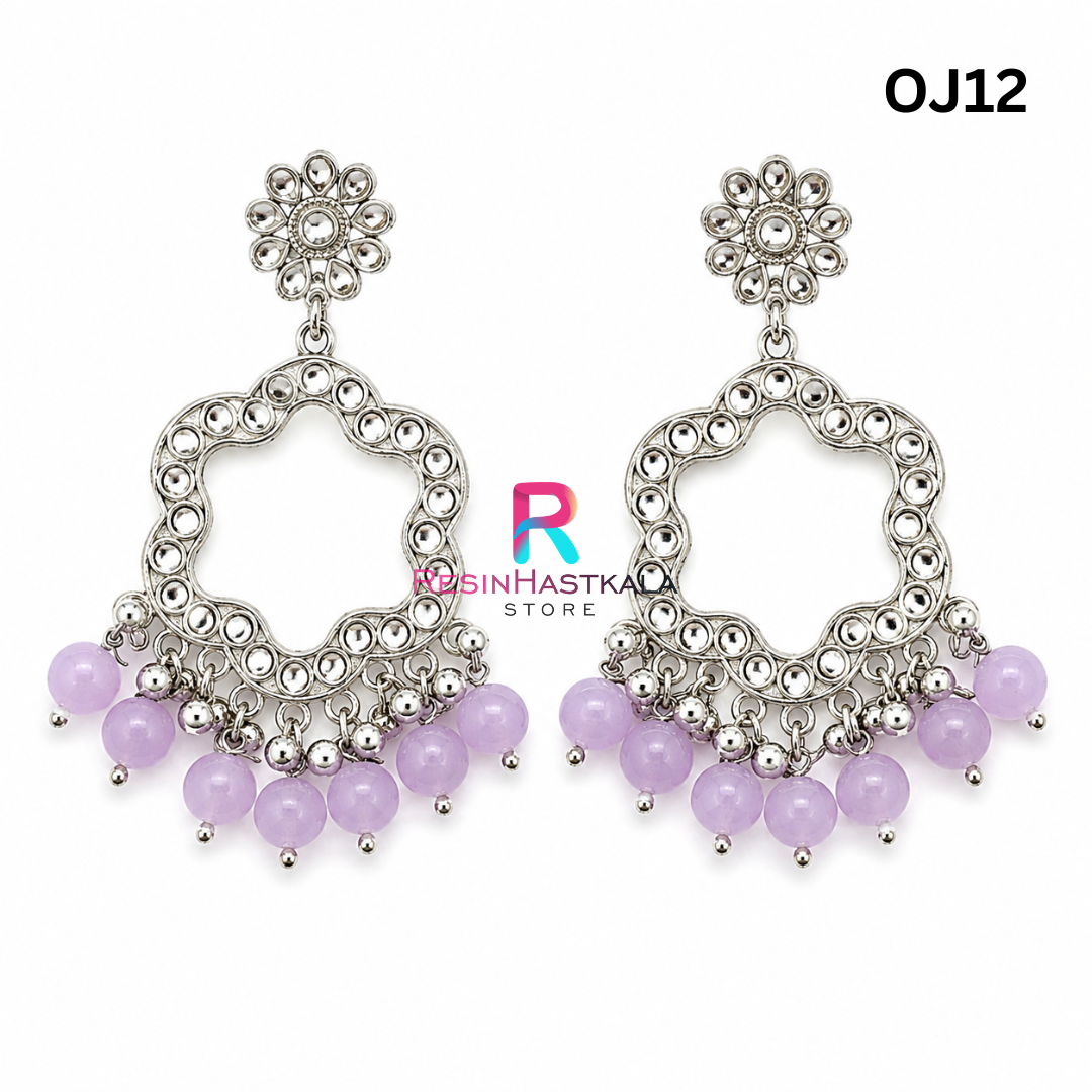Silver Flower Earring Bezel/Jumkha With Mirror Beads (OJ12)