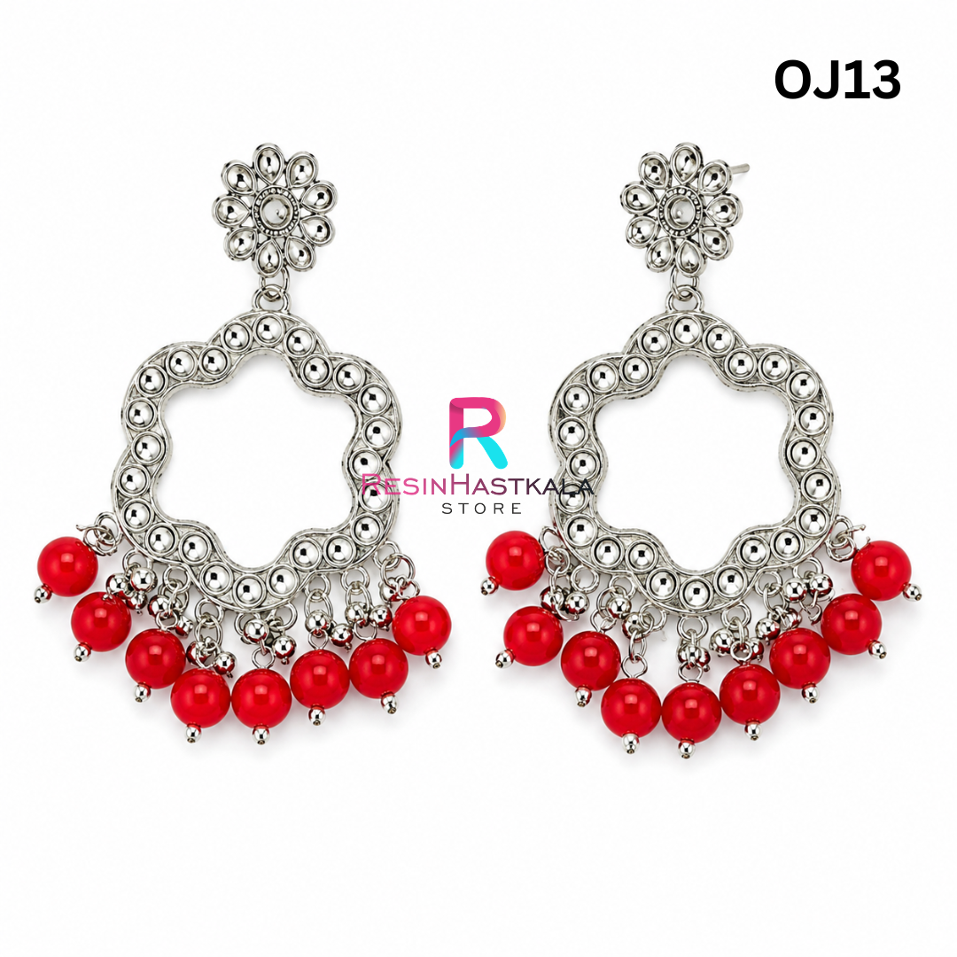 Silver Flower Earring Bezel / Jumkha With Mirror Beads (OJ13)