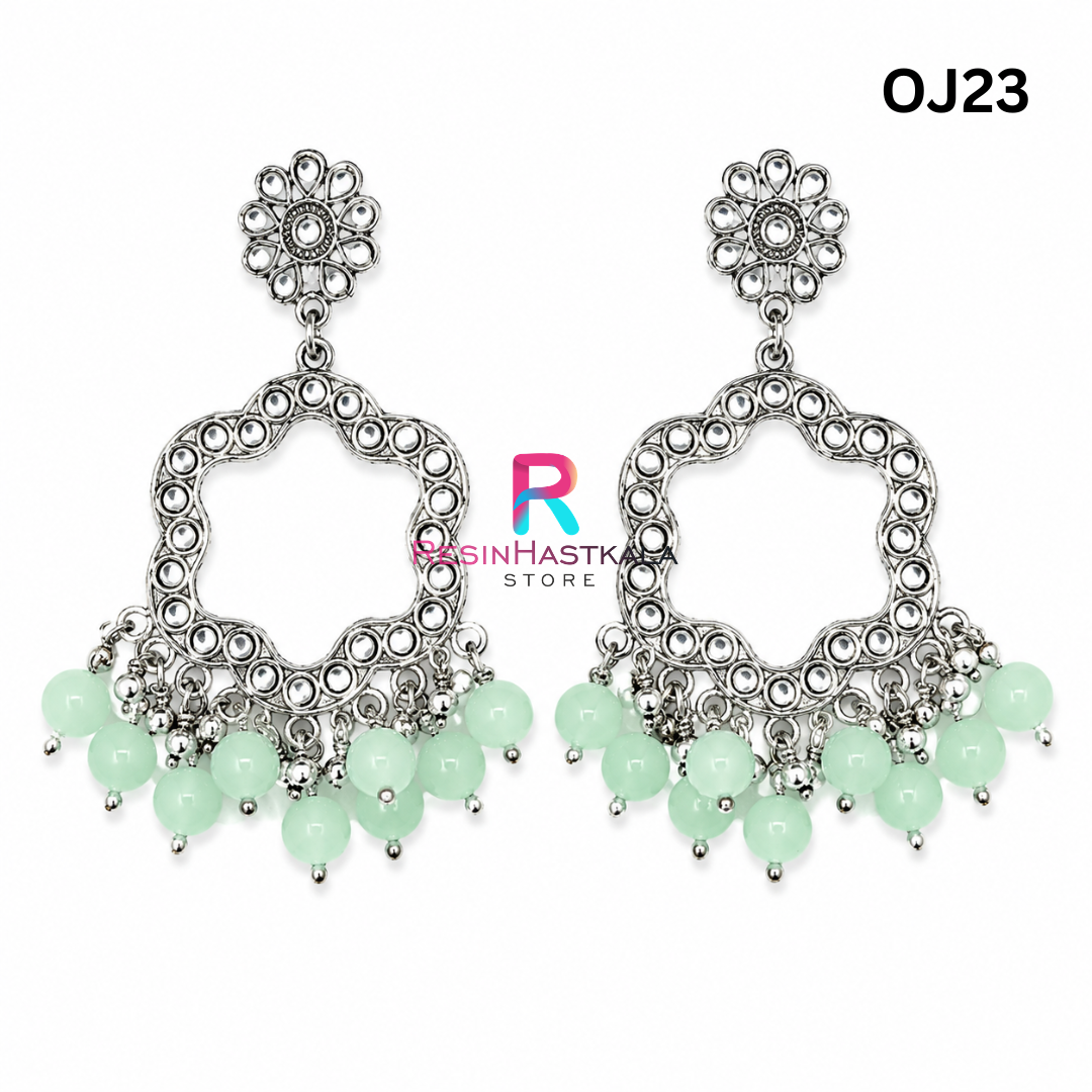 Silver Flower Earring Bezel / Jumkha With Mirror Beads (OJ23)