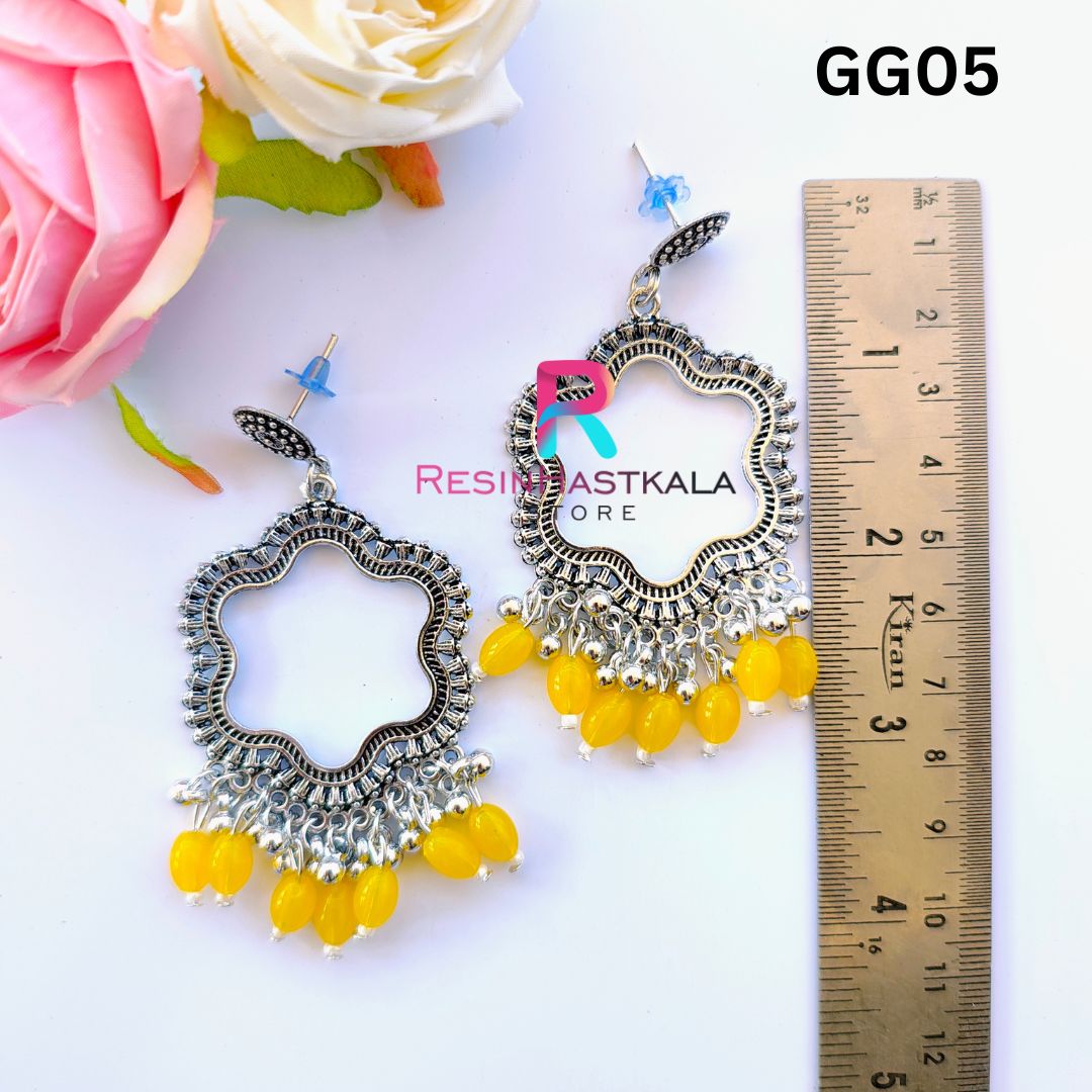 Silver Flower Earring Bezel/Jumkha With Yellow Beads (GG05)