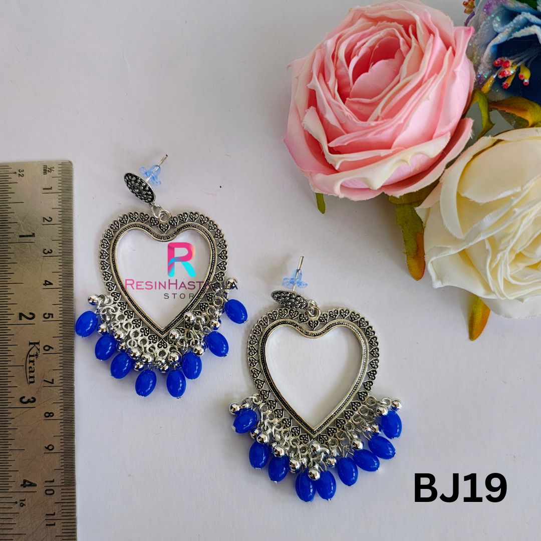Silver Heart Earring Bezel/Jumkha With Blue Beads (BJ19)