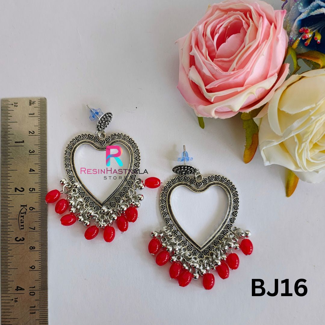 Silver Heart Earring Bezel/Jumkha With Red Beads (BJ16)