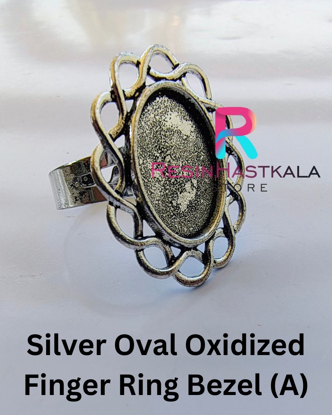 Silver Oval Oxidized Finger Ring Bezel (A)