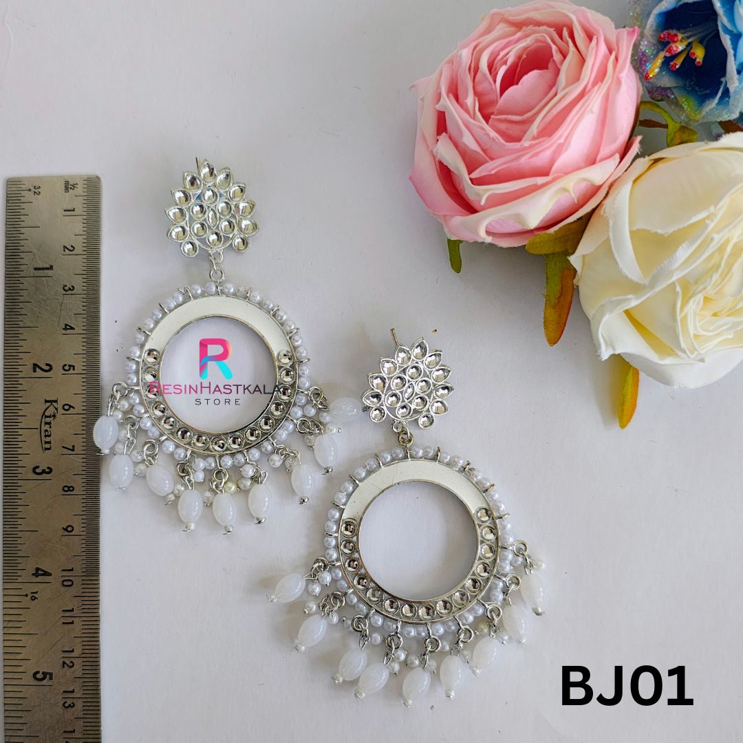 Silver Round Mirror Earring Jumkha With White Beads (BJ01)