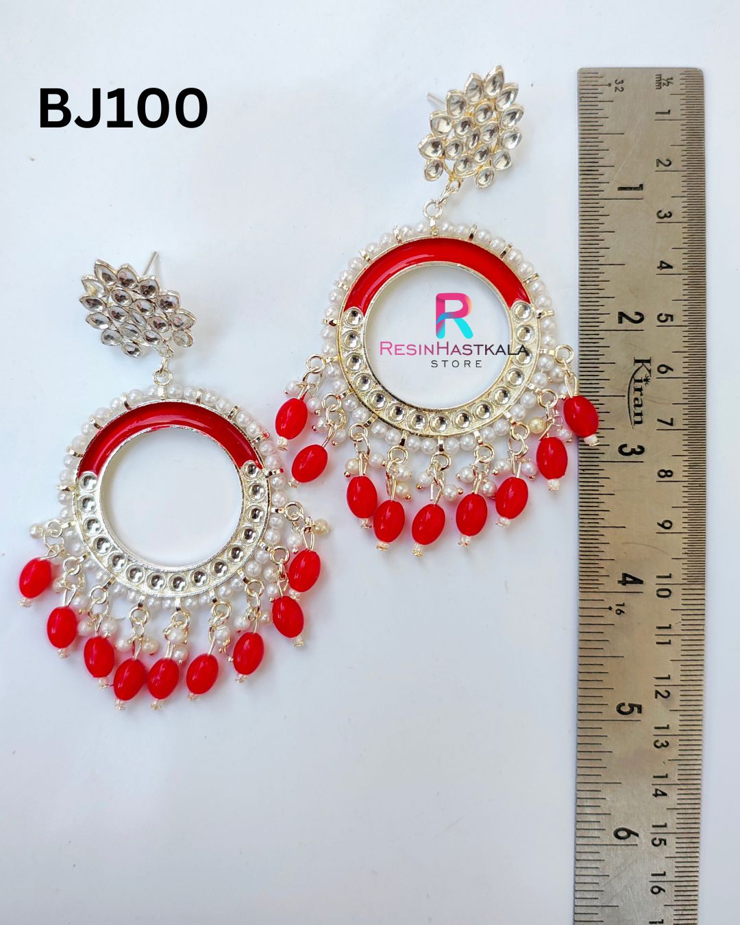 Silver Round Mirror Earring Jumkha With Red Beads (BJ100)