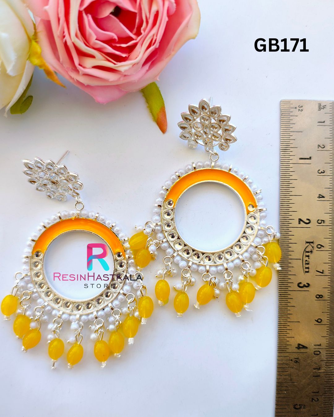 Silver Round Mirror Earring Jumkha With Yellow Beads (GB171)