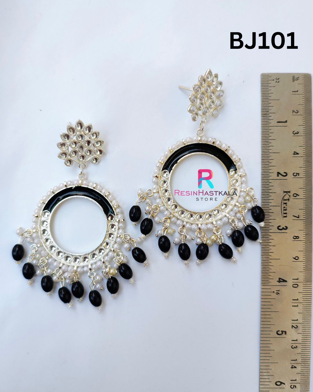 Silver Round Mirror Earring Jumkha With Black Beads (BJ101)