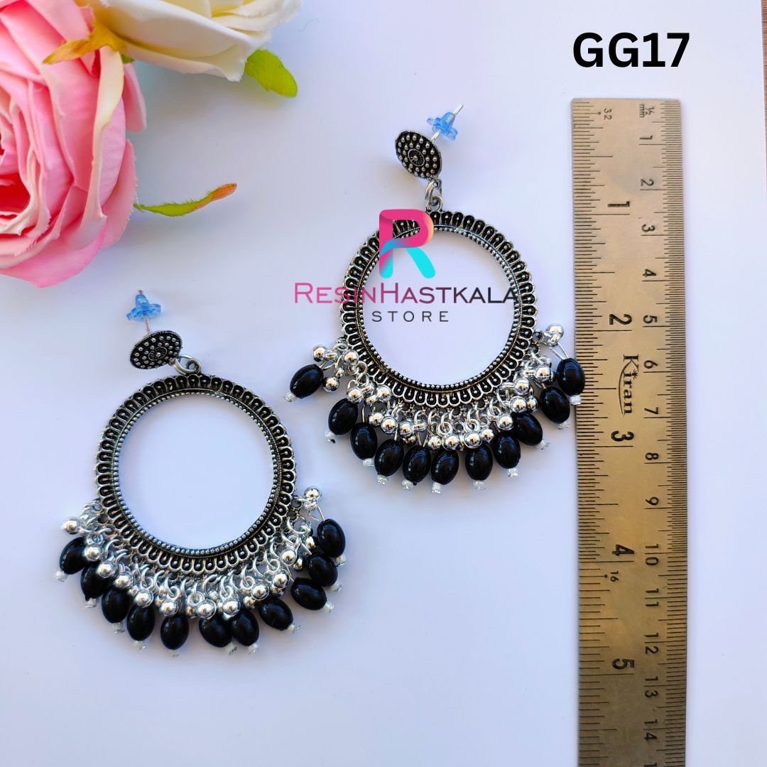 Silver Round Earring Bezel/Jumkha With Black Beads (GG17)