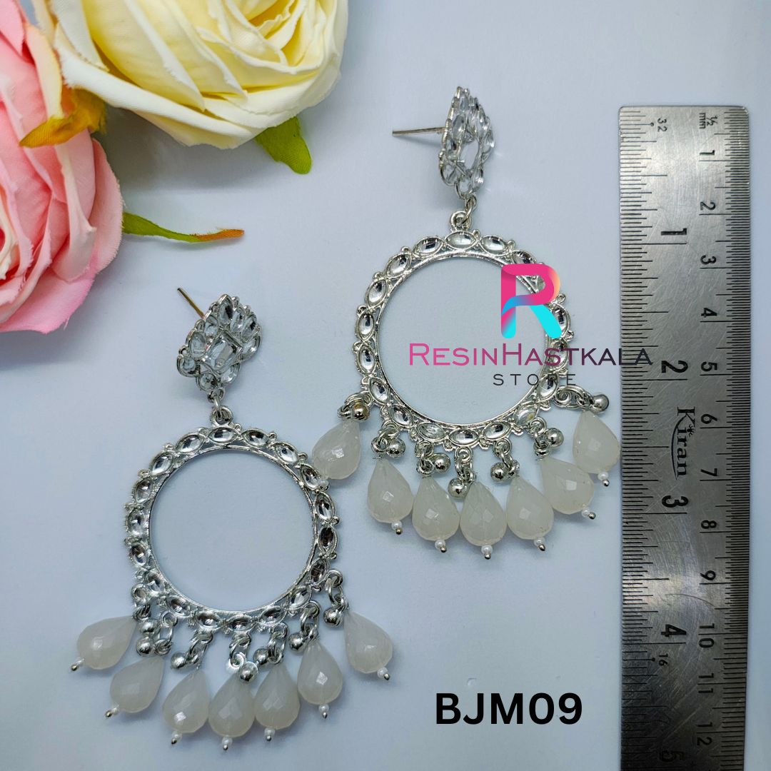 Silver Round Earring Bezel/Jumkha With Mirror Beads (BJM09)