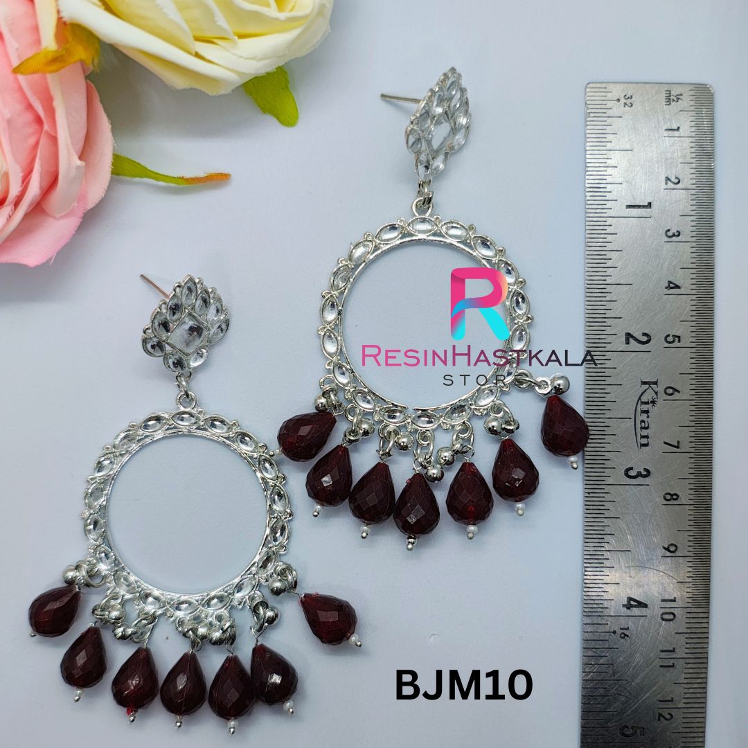 Silver Round Earring Bezel/Jumkha With Mirror Beads (BJM10)