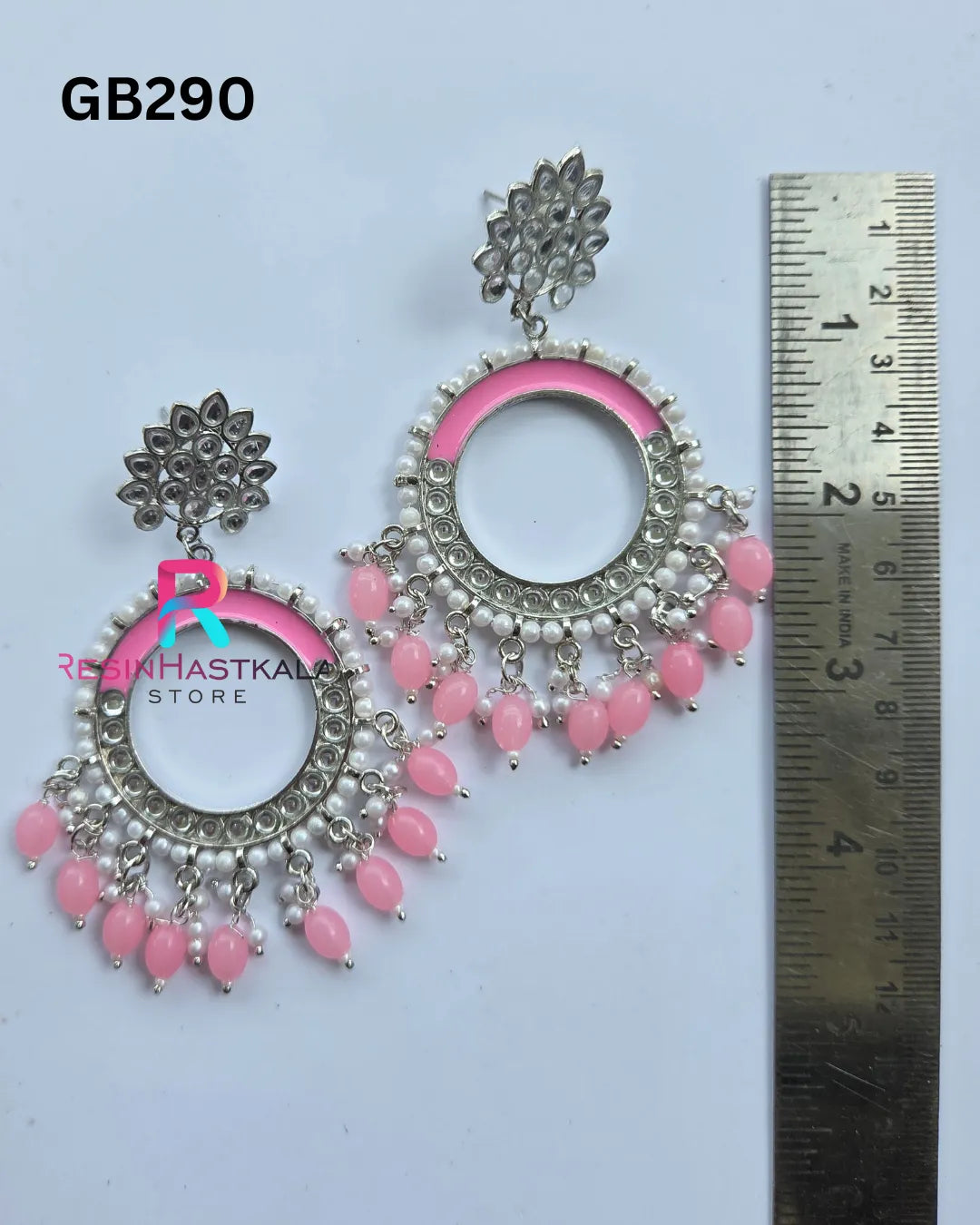Silver Round Mirror Earring Jumkha With Pink Beads (GB290)