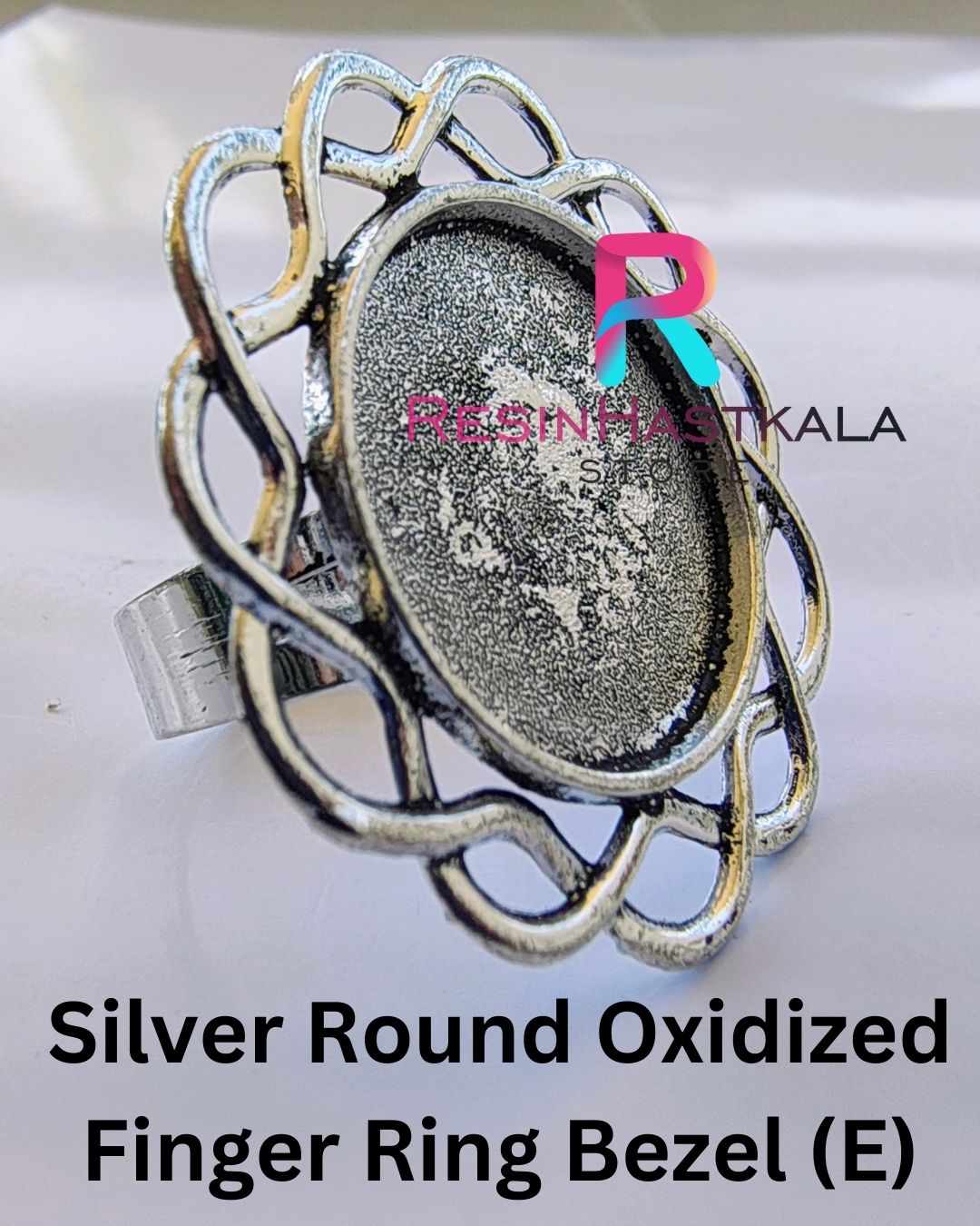 Silver Round Oxidized Finger Ring Bezel (E)